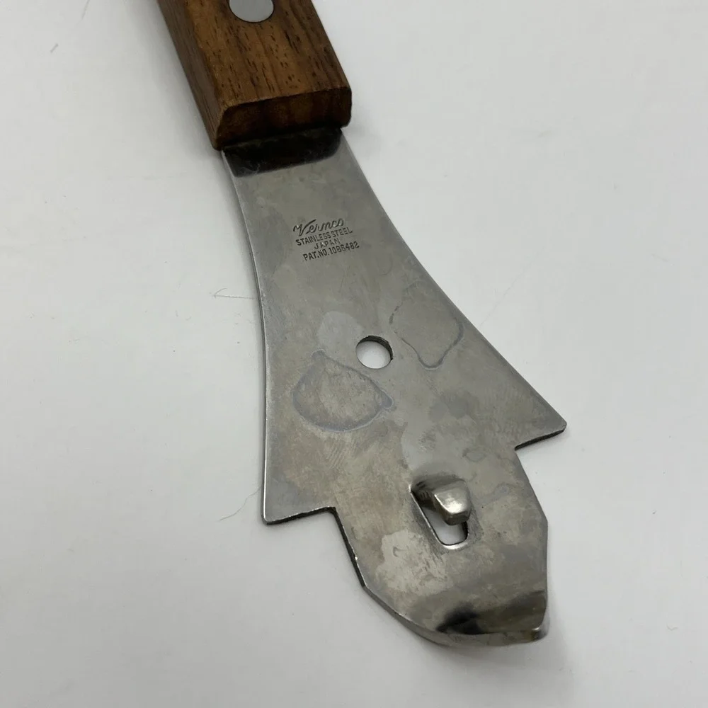 Vintage Vernco Stainless Steel Fork Can Opener Large Rivet Wood Handle